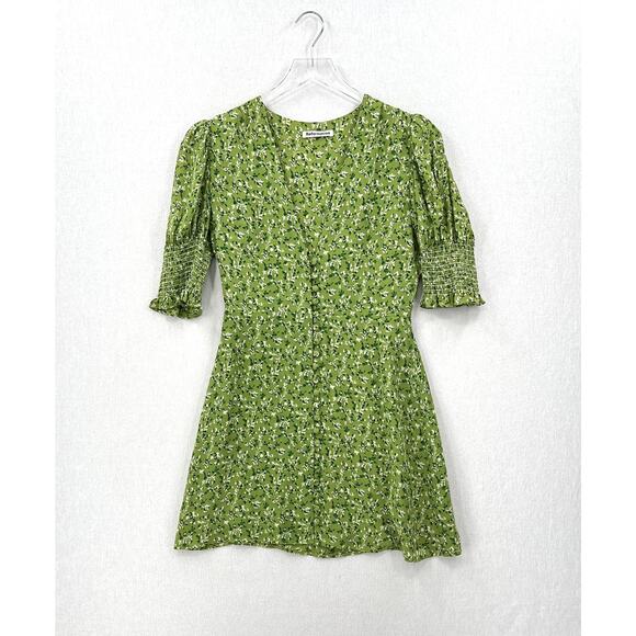 REFORMATION Alison Puff Sleeve Mini Dress Womens 8 Green Floral Button Front - Picture 2 of 15